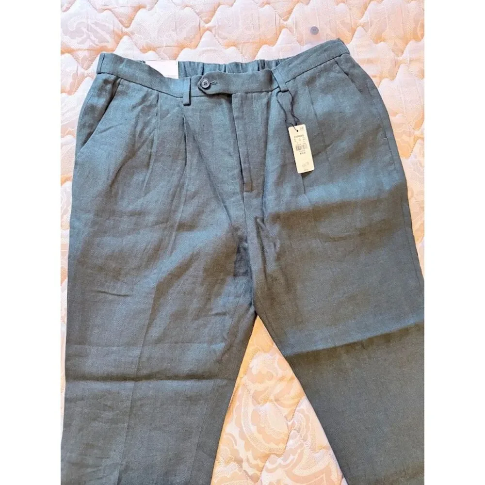 Express Mens 100% Linen Cropped Pants 34x30 Teal Blue/Green NWT Stretch Waist